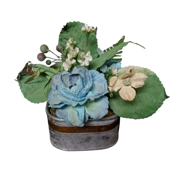 Blue Floral Metal Music Box Arrangement Patina Rustic Distressed Planter Decor - Picture 1 of 8